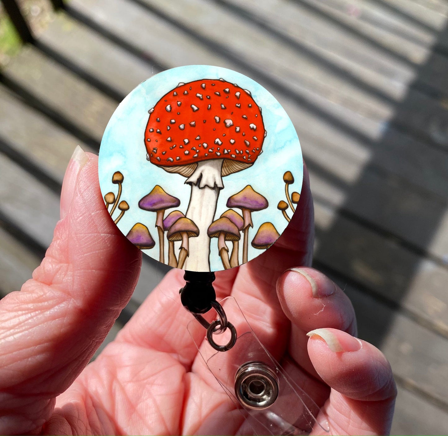 PinkPolish Design Badge Reels & Lanyards "Mushroom Fields" Retractable Badge Reel