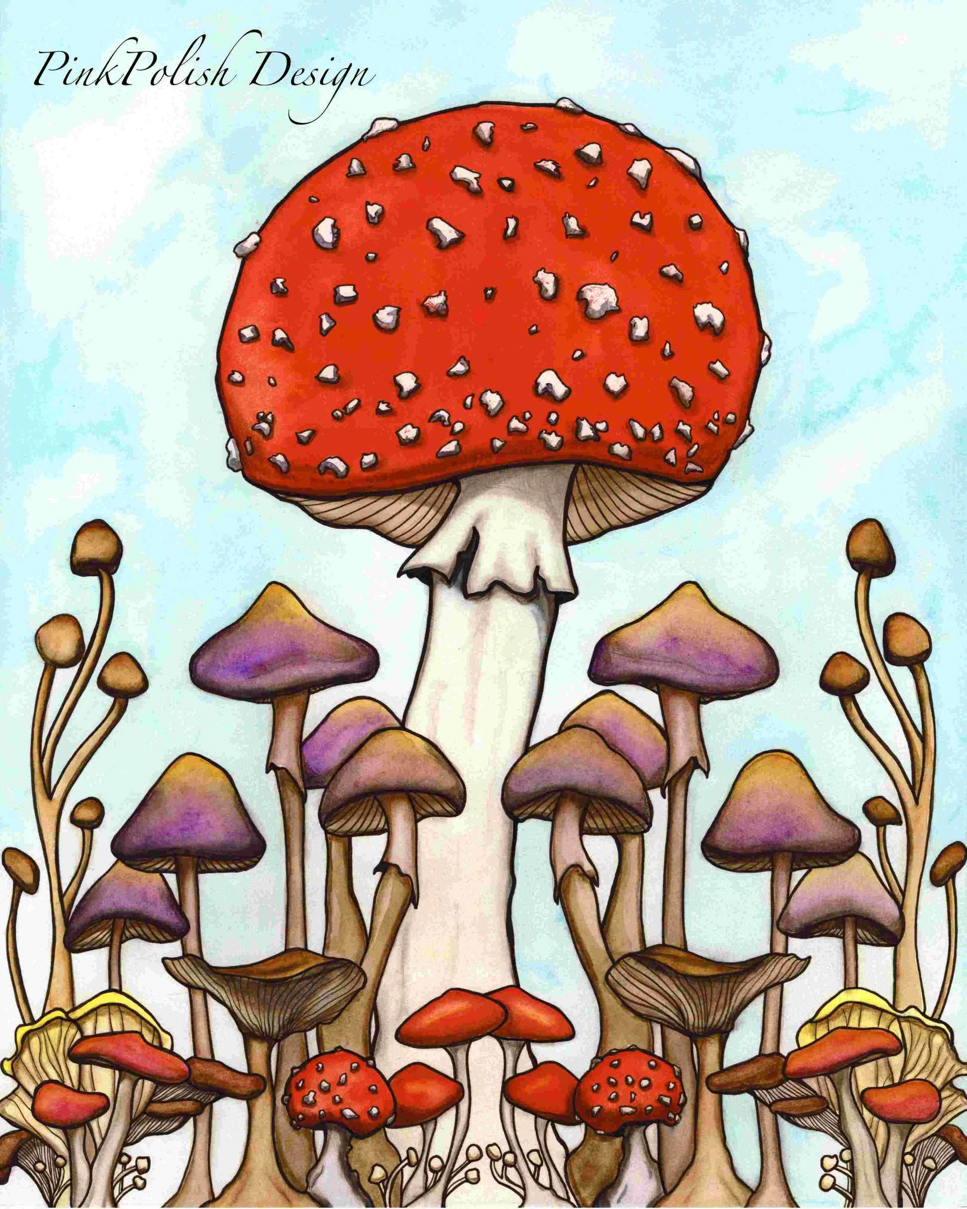 PinkPolish Design Art Prints "Mushroom Fields"  Watercolor Painting: Art Print