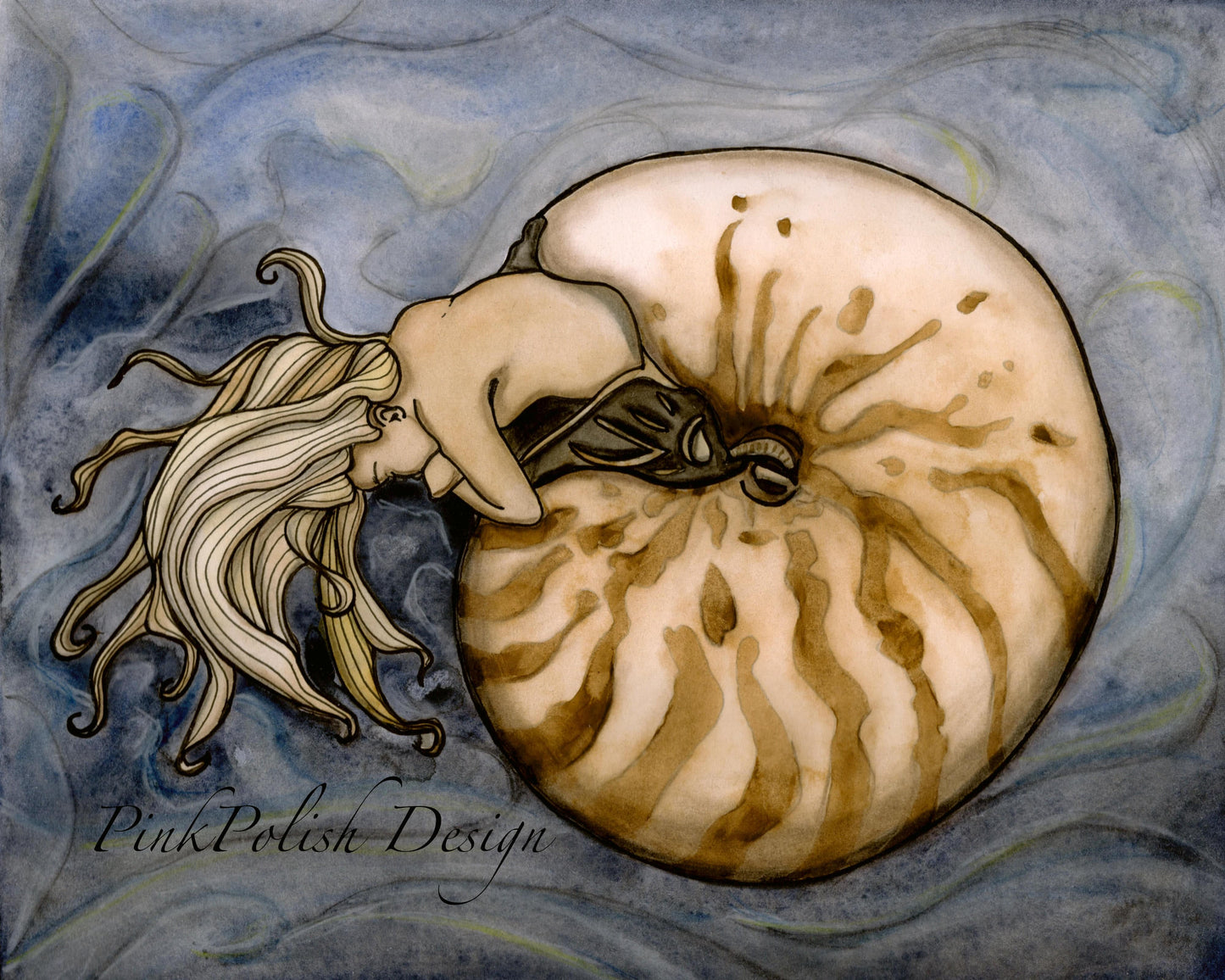 PinkPolish Design Art Prints "Nautilus Mermaid"  Watercolor Painting: Art Print