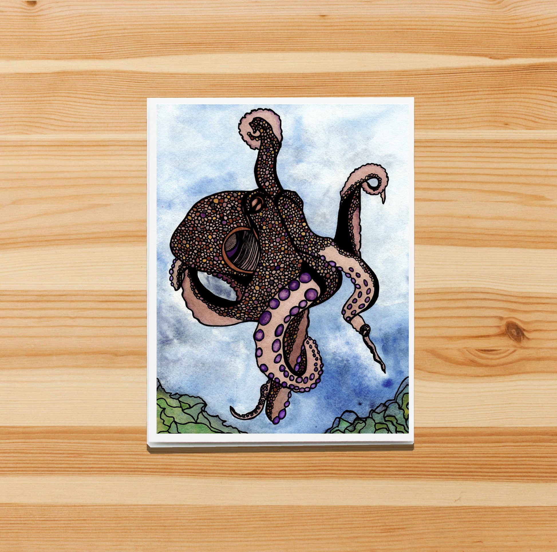 PinkPolish Design Note Cards "Octopus Traveler" Handmade Notecard