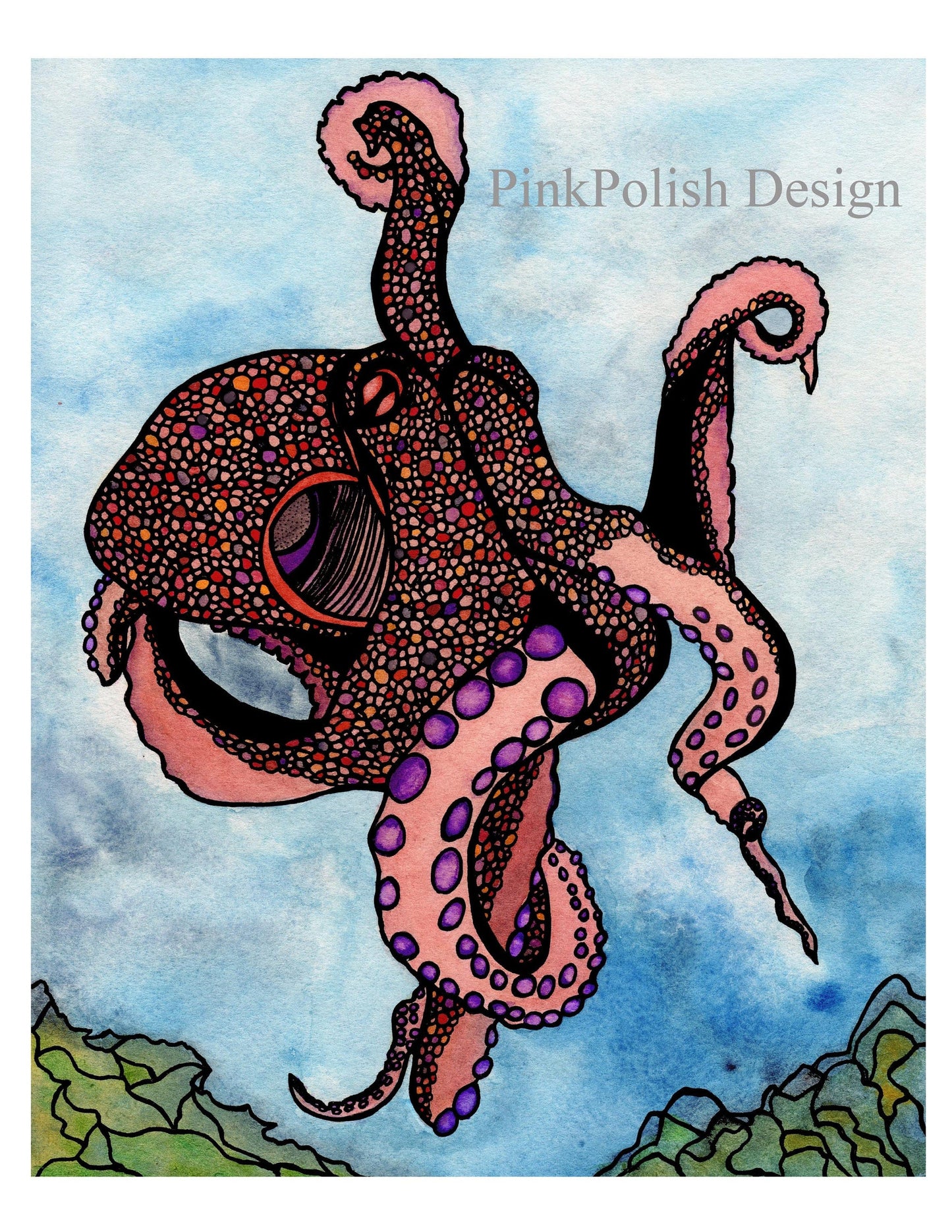 PinkPolish Design Art Prints "Octopus Traveler" Watercolor Painting: Art Print