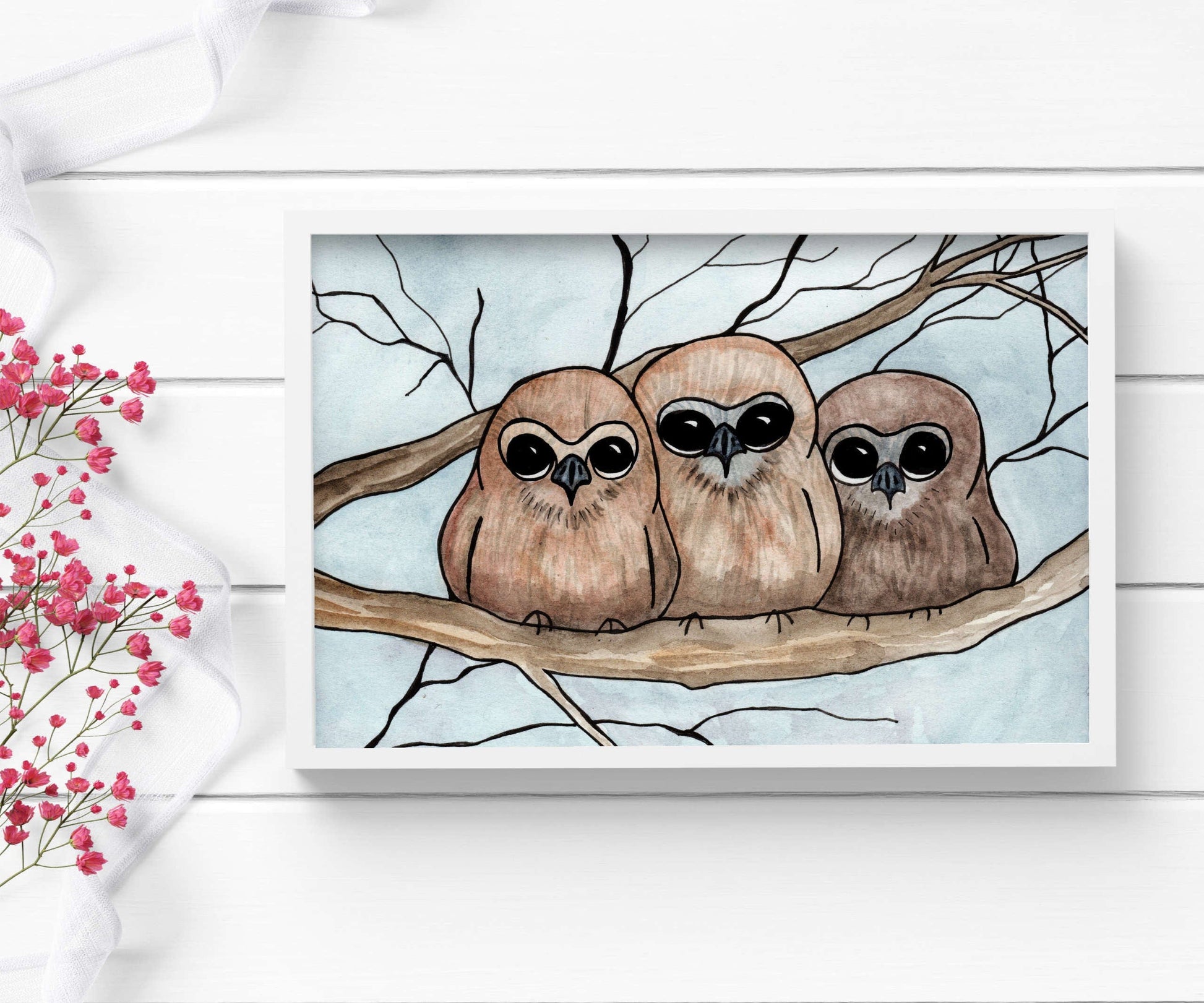 PinkPolish Design Art Prints "Owl Huddle"  Watercolor Painting: Art Print