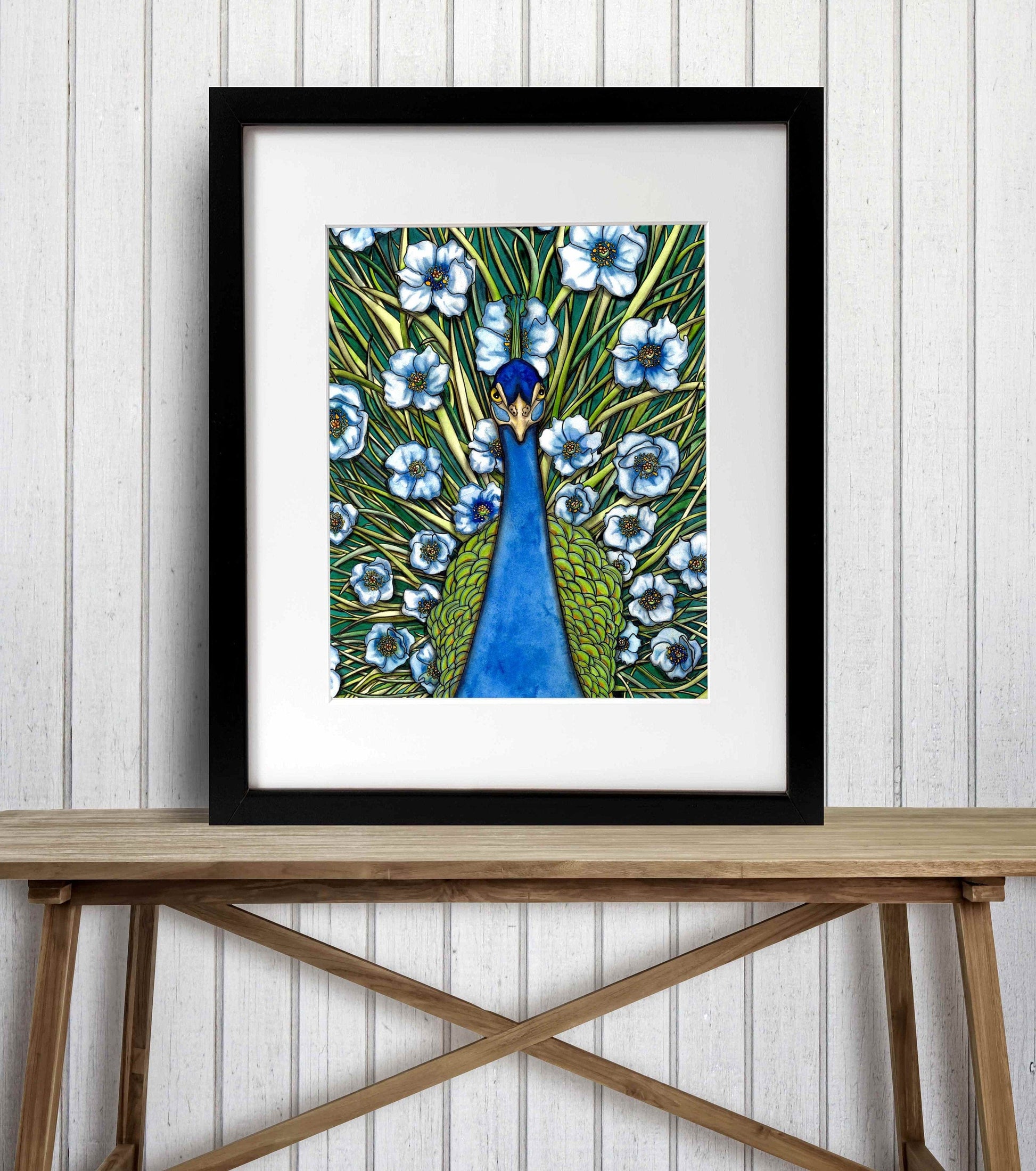 PinkPolish Design Art Prints 8"x10" "Peacock Fleur Grande"  Watercolor Painting: Art Print