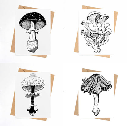 PinkPolish Design Card Pack "PNW Inky Mushroom" 4 Card Pack of Handmade Notecards