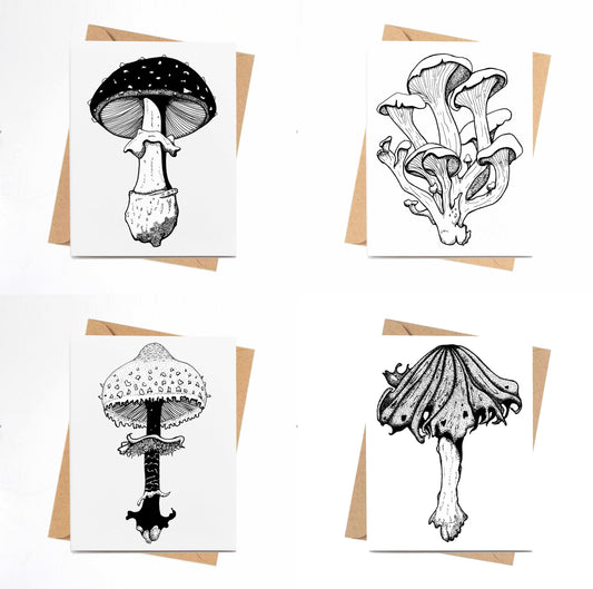 PinkPolish Design Card Pack "PNW Inky Mushroom" 4 Card Pack of Handmade Notecards