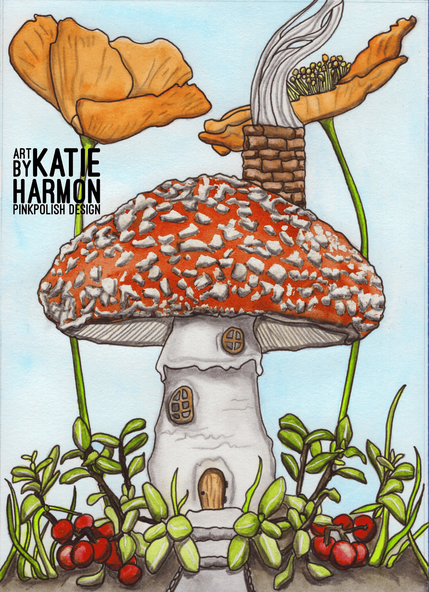 PinkPolish Design Art Prints "Poppy Mushroom Home" Watercolor Painting: Art Print