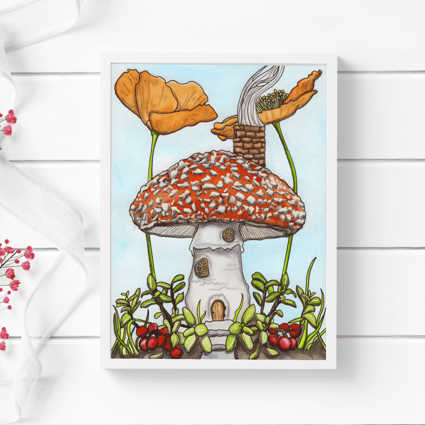 PinkPolish Design Art Prints "Poppy Mushroom Home" Watercolor Painting: Art Print