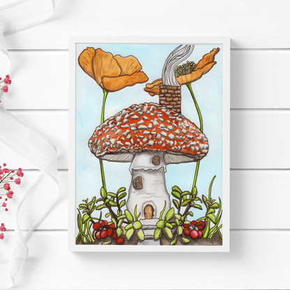 PinkPolish Design Art Prints "Poppy Mushroom Home" Watercolor Painting: Art Print
