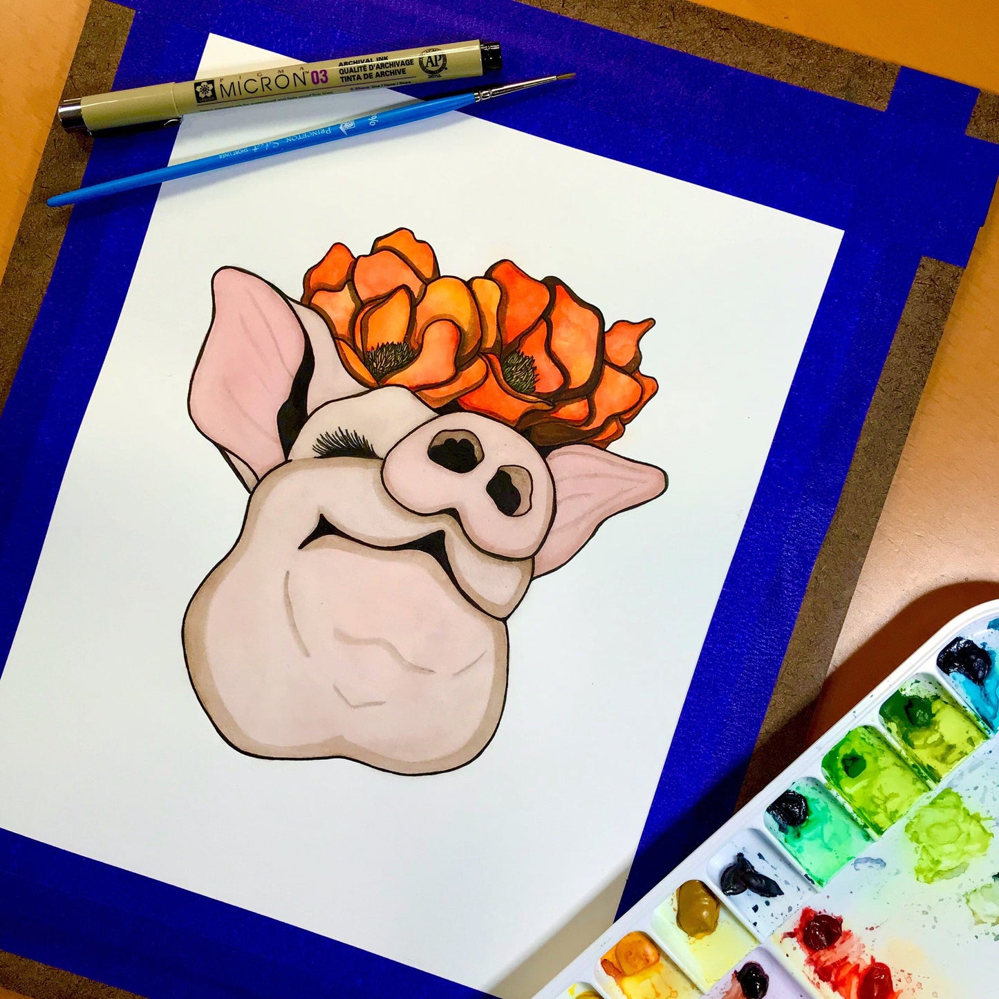 PinkPolish Design Original Art "Poppy Pig" Smile Inspired Original Watercolor & Ink Illustration