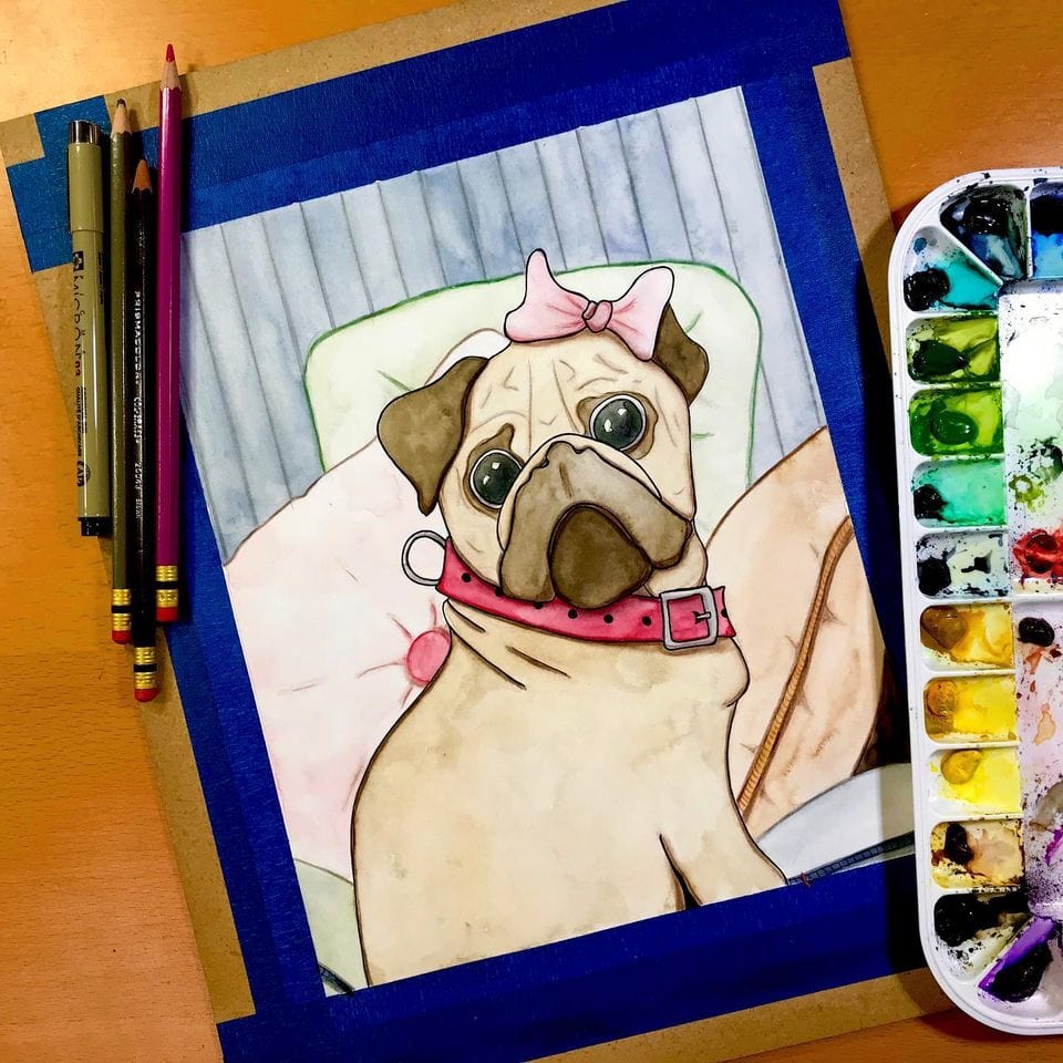 PinkPolish Design Original Art "Princess Pug" Puppy Portrait Inspired Original Watercolor & Ink Illustration