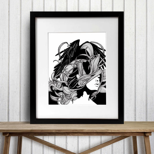 PinkPolish Design Art Prints "Raven" Ink Drawing: Art Print