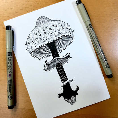 PinkPolish Design Original Art "Shaggy Parasol Mushroom" PNW Fungi Inspired Original Ink Illustration, 5"x7"