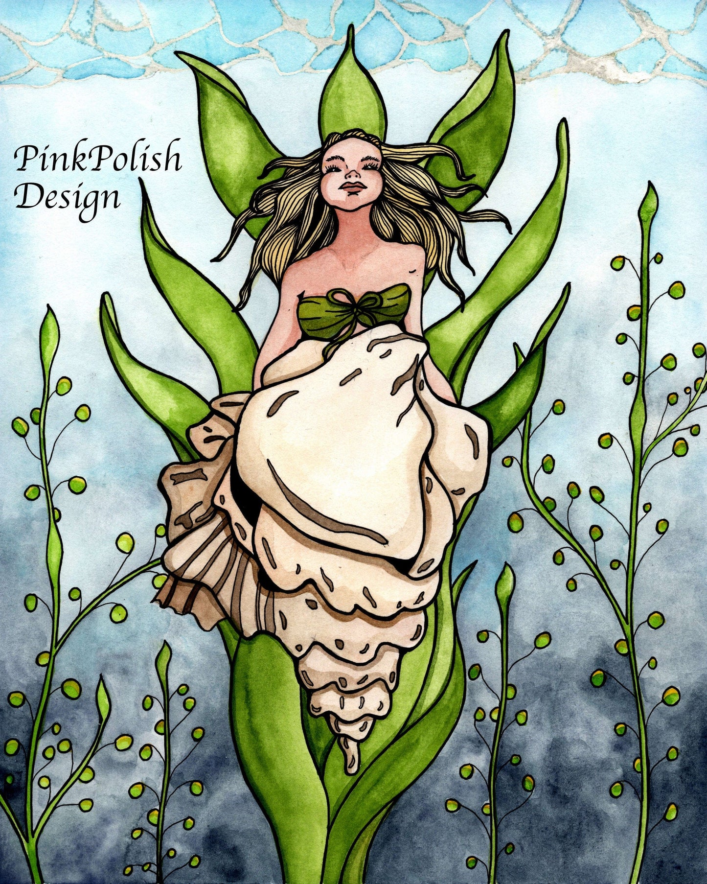 PinkPolish Design Art Prints "Shell Siren"  Watercolor Painting: Art Print