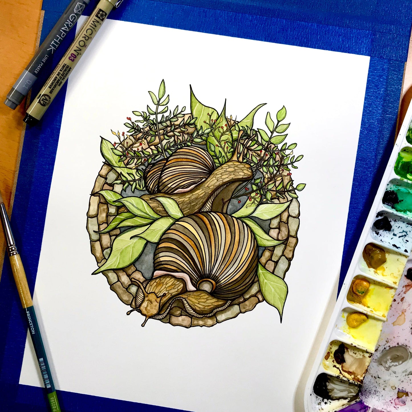 PinkPolish Design Original Art "Snail Garden" Original Watercolor & Ink Illustration