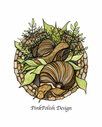 PinkPolish Design Art Prints "Snail Garden"  Watercolor Painting: Art Print