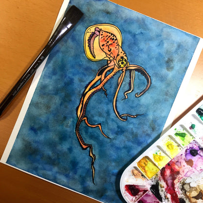 PinkPolish Design Original Art "Squid" Sea Life Inspired Original Watercolor & Ink Illustration