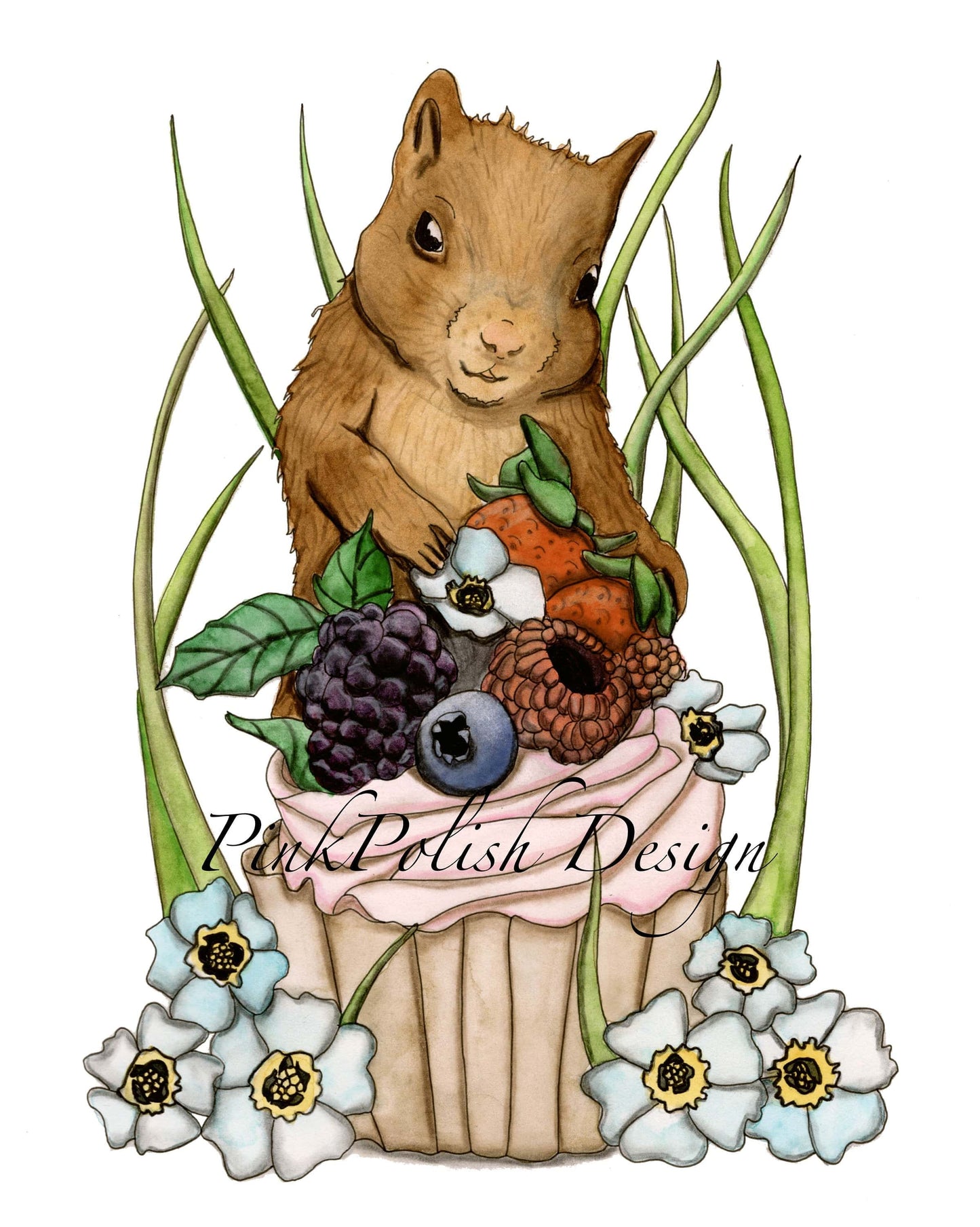 PinkPolish Design Art Prints "Squirrel Celebration" Watercolor Painting: Art Print