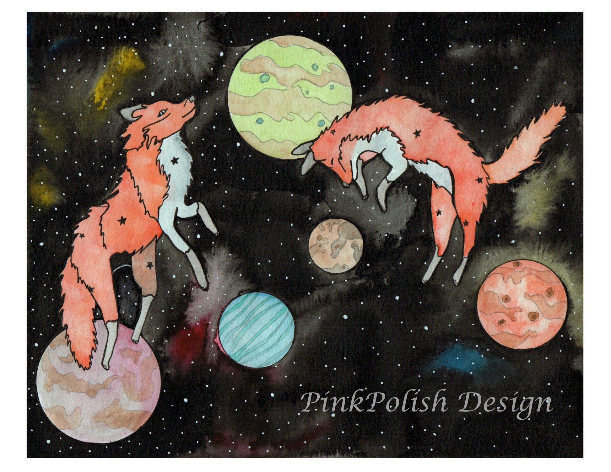 PinkPolish Design Art Prints "Star Foxes" Watercolor Painting: Art Print