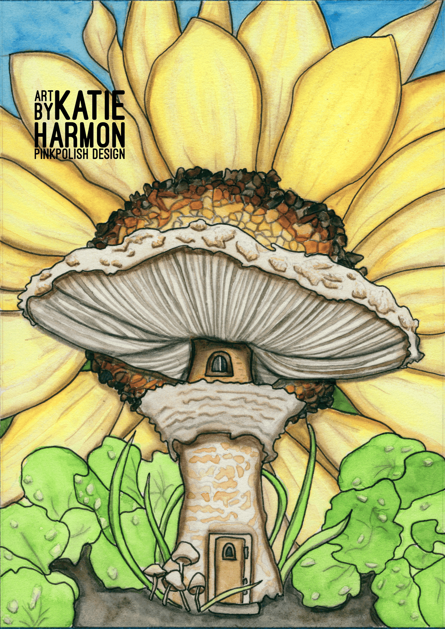 PinkPolish Design Art Prints "Sunflower Mushroom Home" Watercolor Painting: Art Print