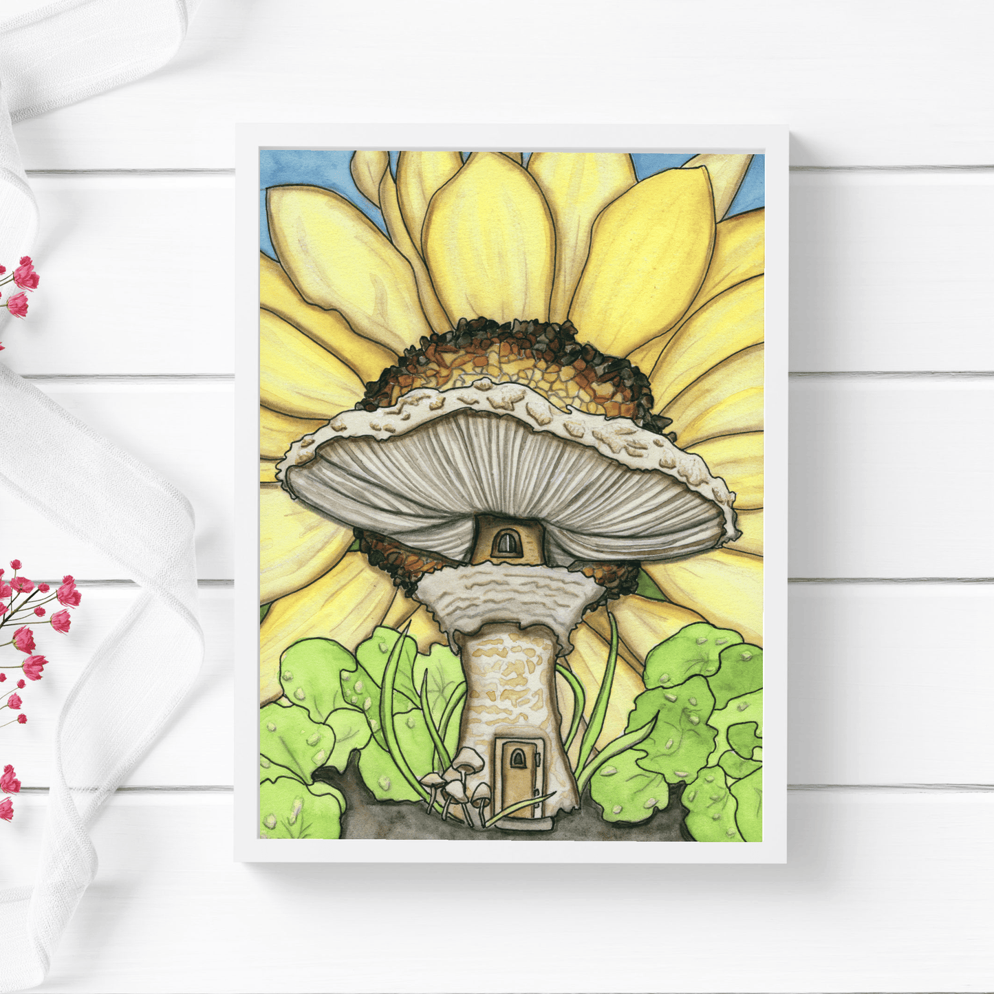 PinkPolish Design Art Prints "Sunflower Mushroom Home" Watercolor Painting: Art Print