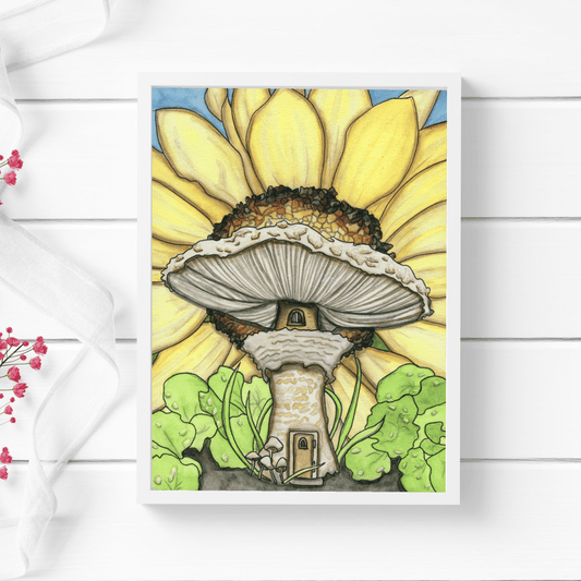 PinkPolish Design Art Prints "Sunflower Mushroom Home" Watercolor Painting: Art Print