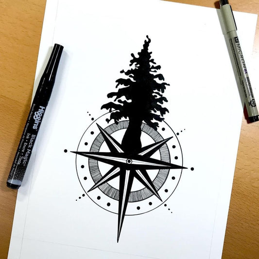 PinkPolish Design Original Art "Tall Tree Compass" Pacific Northwest Inspired Original Ink Illustration