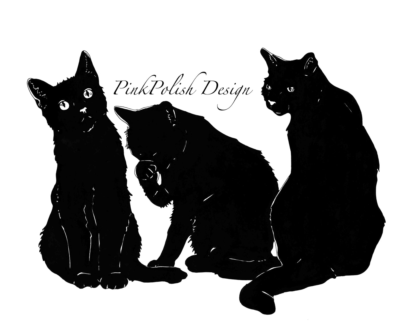 PinkPolish Design Art Prints "Three Black Cats"  Ink Drawing: Art Print