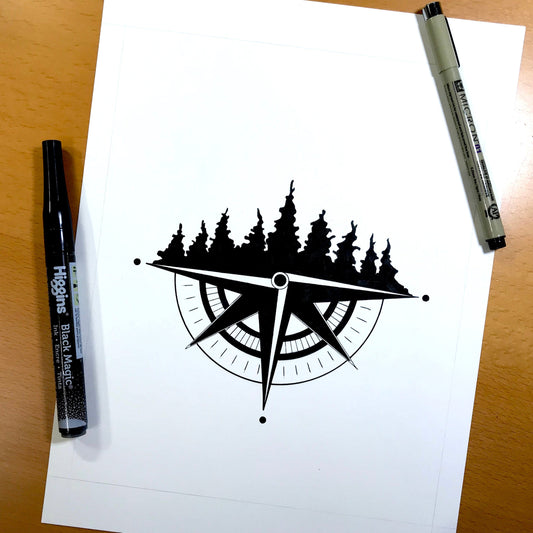 PinkPolish Design Original Art "Tree Ridge Compass" Pacific Northwest Inspired Original Ink Illustration