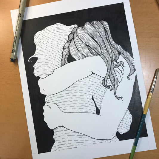 PinkPolish Design Original Art "Virtual Hug" Mental Health Inspired Original Ink Illustration